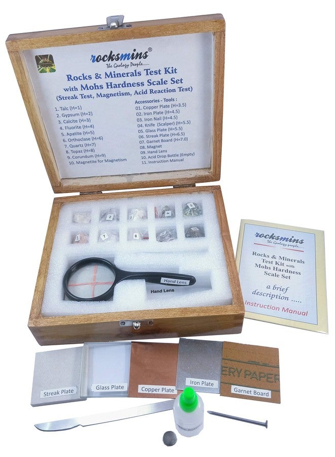 Rocksmins Rocks & Minerals Test Kit in Wooden Box with Mohs Hardness Scale Set 9 Specimens for Mohs Hardness 1 Specimen for Magnetism Test 10 Accessories for Testing of Minerals Instruction Manual - Image 1